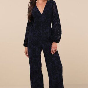 Lulus Majorly Ethereal Navy Velvet Burnout Long Sleeve Jumpsuit Blue - Size M